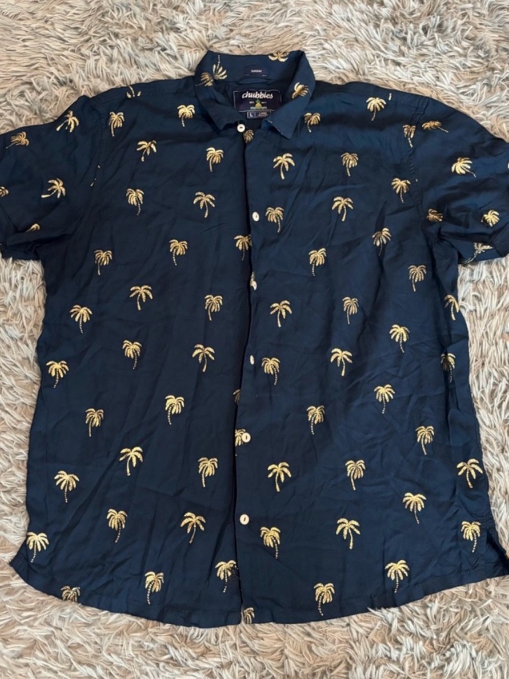 Chubbies Men’s The Golden Palm Rayon Sunday Button Up Shirt Blue/Gold Size Large